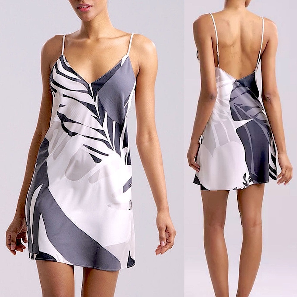 ✨ NATORI Portofino Chemise Chic Black & White Leaf Print Dress size M Medi…